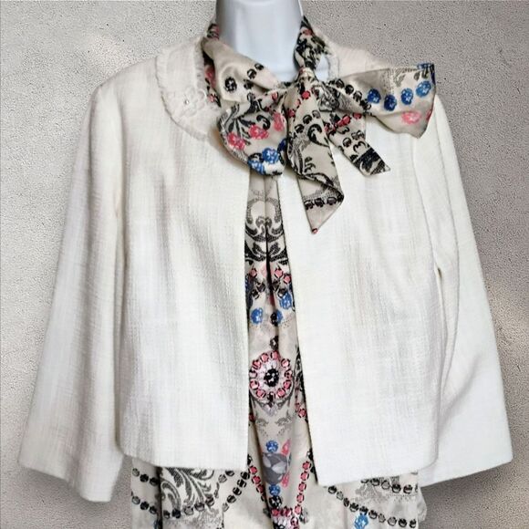 Karl Lagerfeld Ivory Cropped Faux Tweed Jacket Size Large Open Front XL - Picture 1 of 14